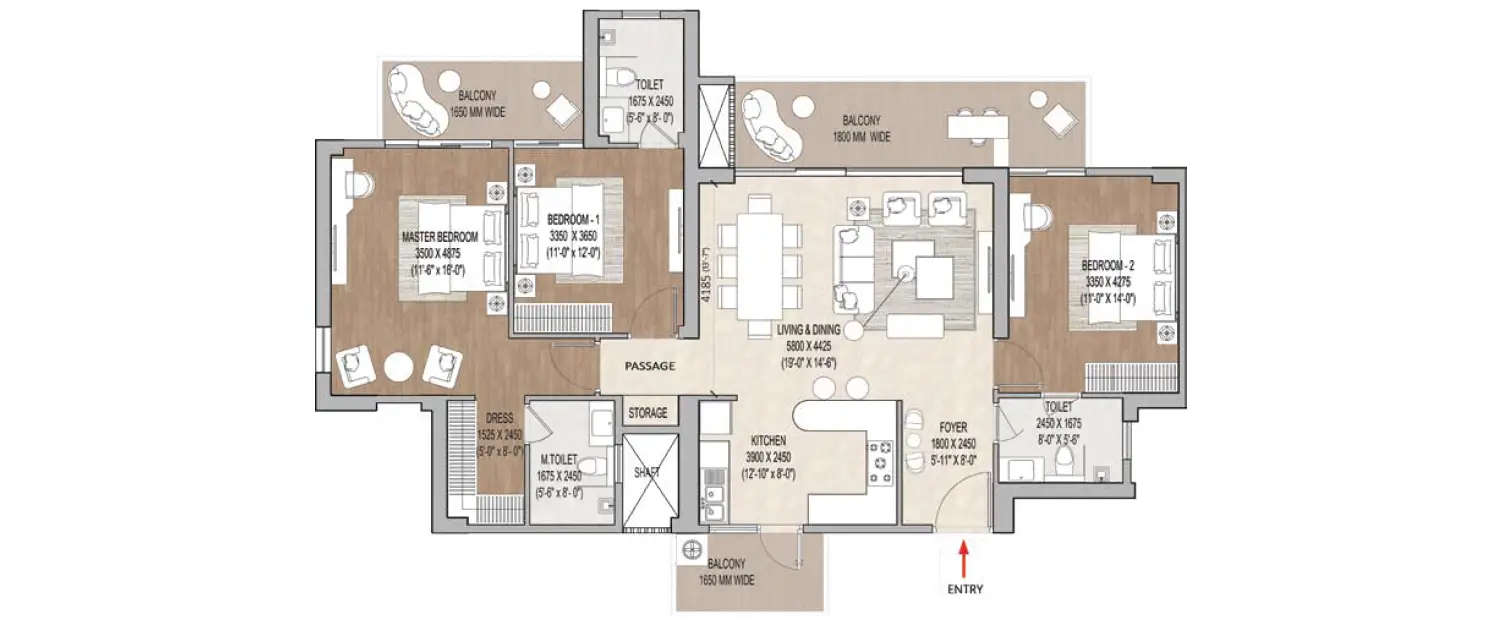 Floor plan for 3 BHK