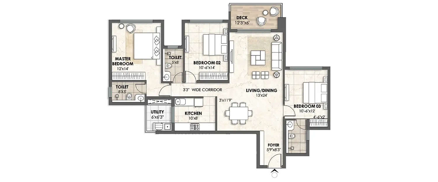 Floor plan for 3 BHK