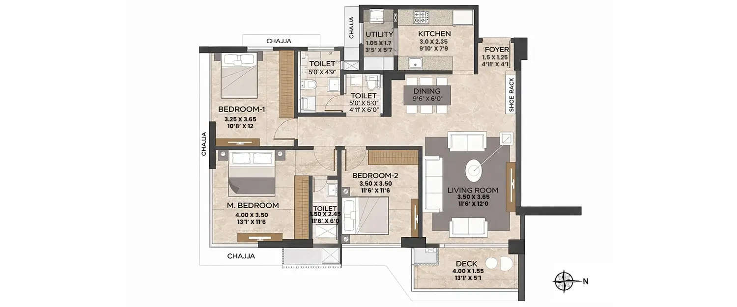 Floor plan for 3 BHK