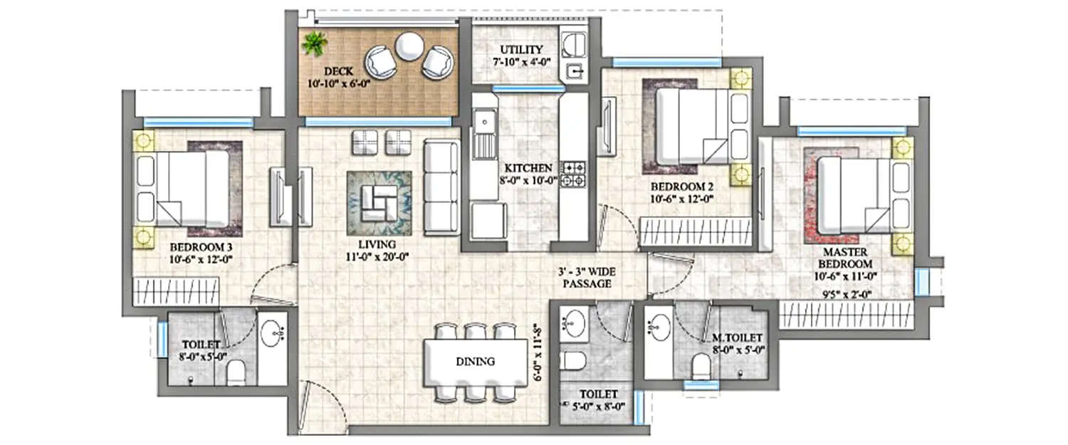 Floor plan for 3 BHK