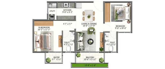 Sowparnika Whispering Petals Hoskote - Floor plan 2 BHK 1036 Sq.ft