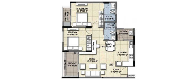 Ajmera Florenza Yelahanka - Floor plan 2 BHK 1165 Sq.ft
