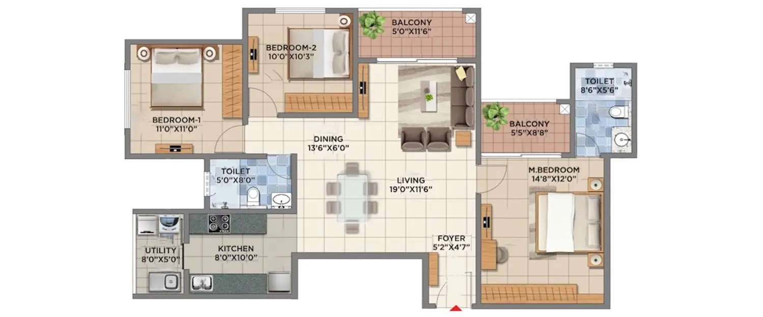 Floor plan for 3 BHK