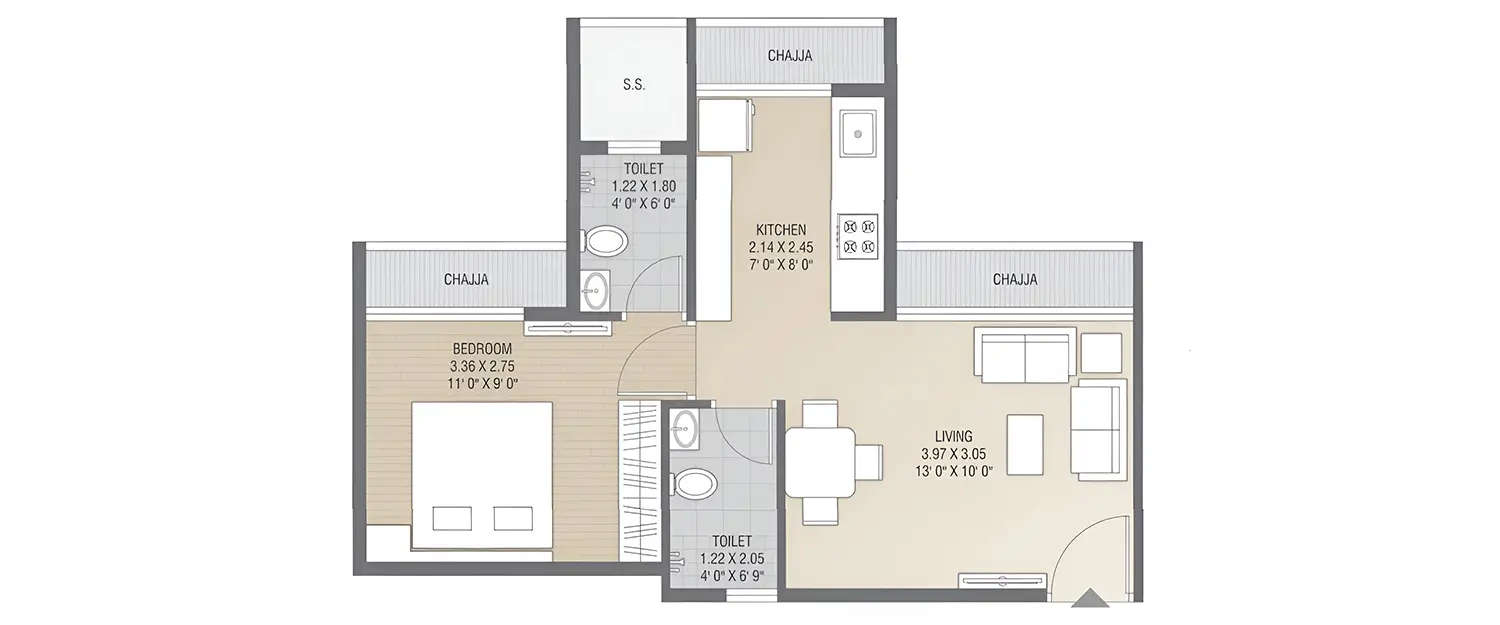 Floor plan for 1 BHK