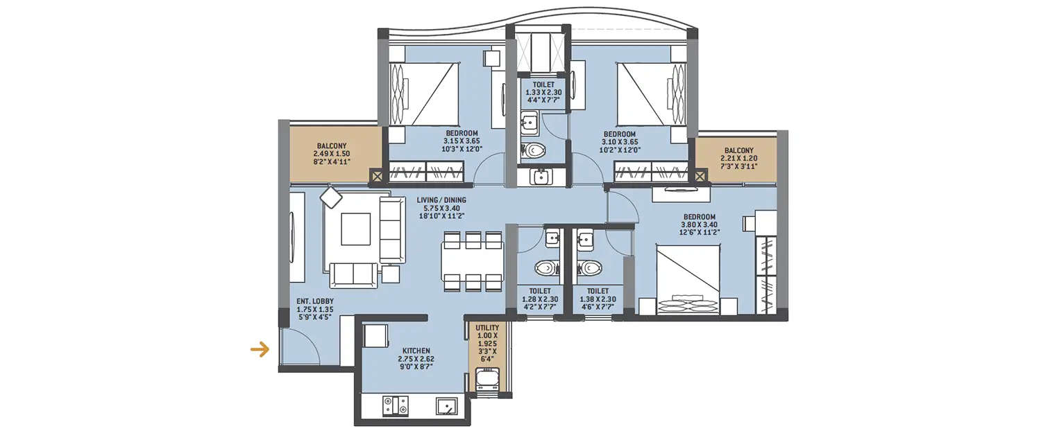 Floor plan for 3 BHK