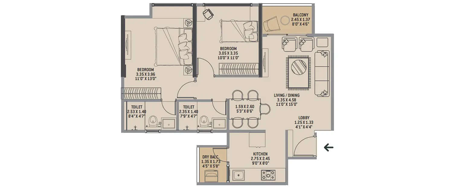 Floor plan for 2 BHK