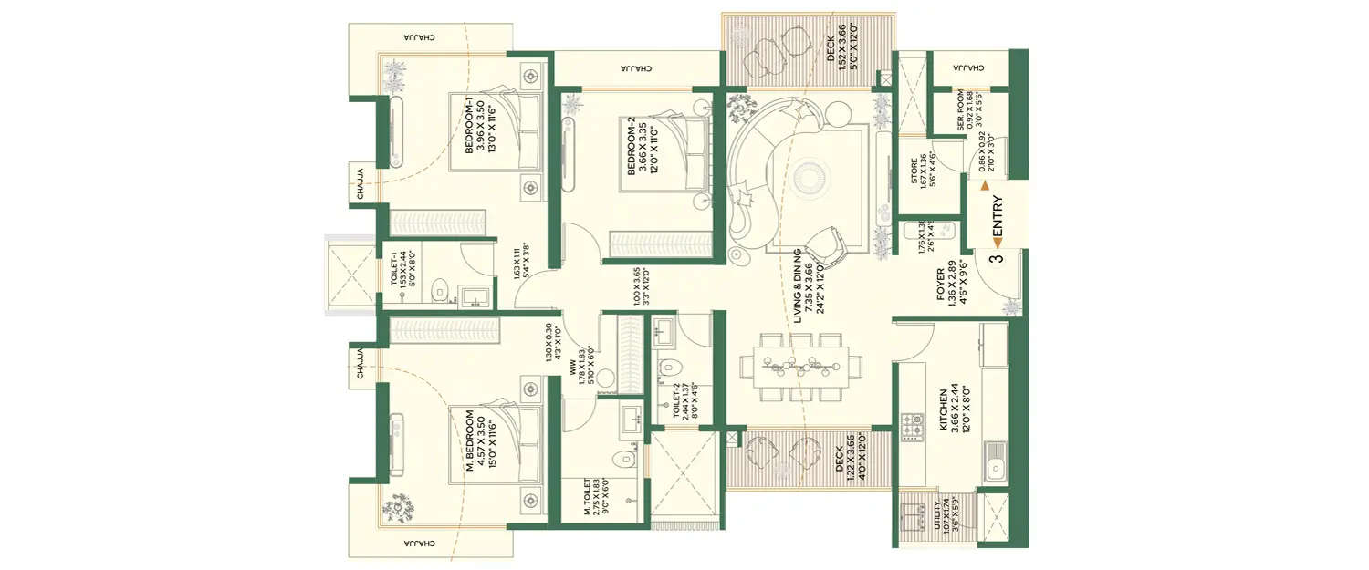 Floor plan for 3 BHK
