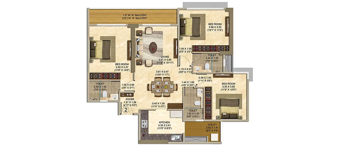 Floor plan for 3 BHK