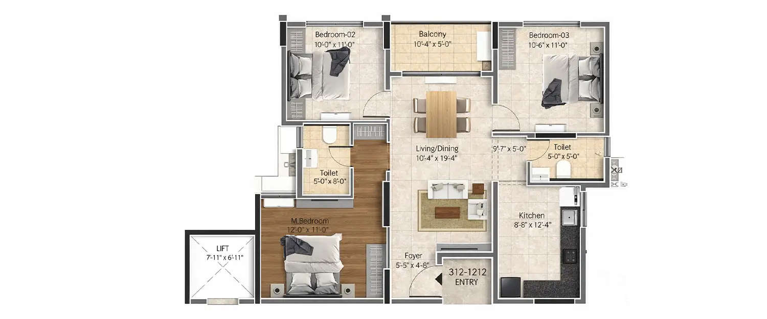 Floor plan for 3 BHK