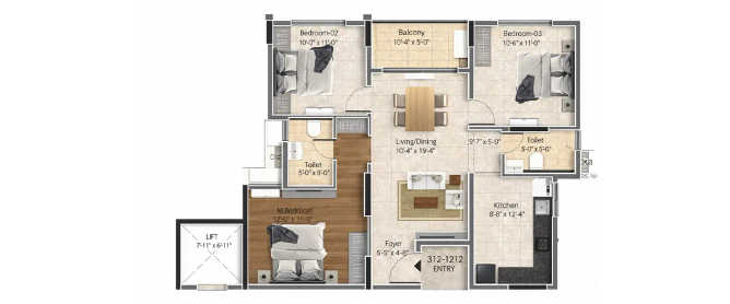 DRA Astra Madhavaram - Floor plan 3 BHK 1360 Sq.ft