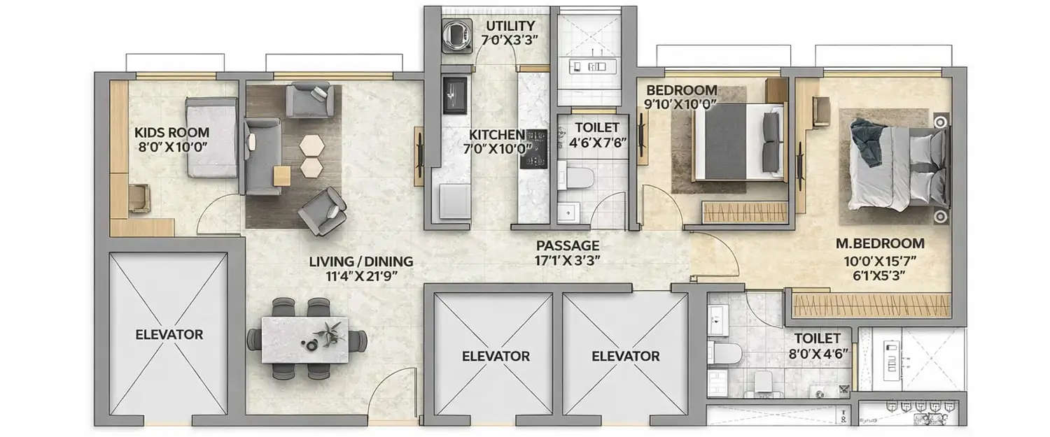 Floor plan for 3 BHK