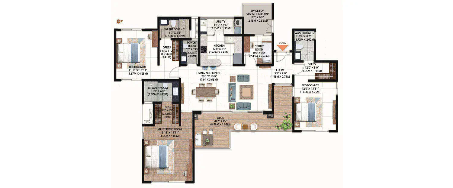 Floor plan for 3 BHK