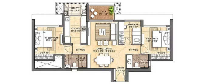 Lodha Bellevue Mahalaxmi - Floor plan 3 BHK 877 Sq.ft