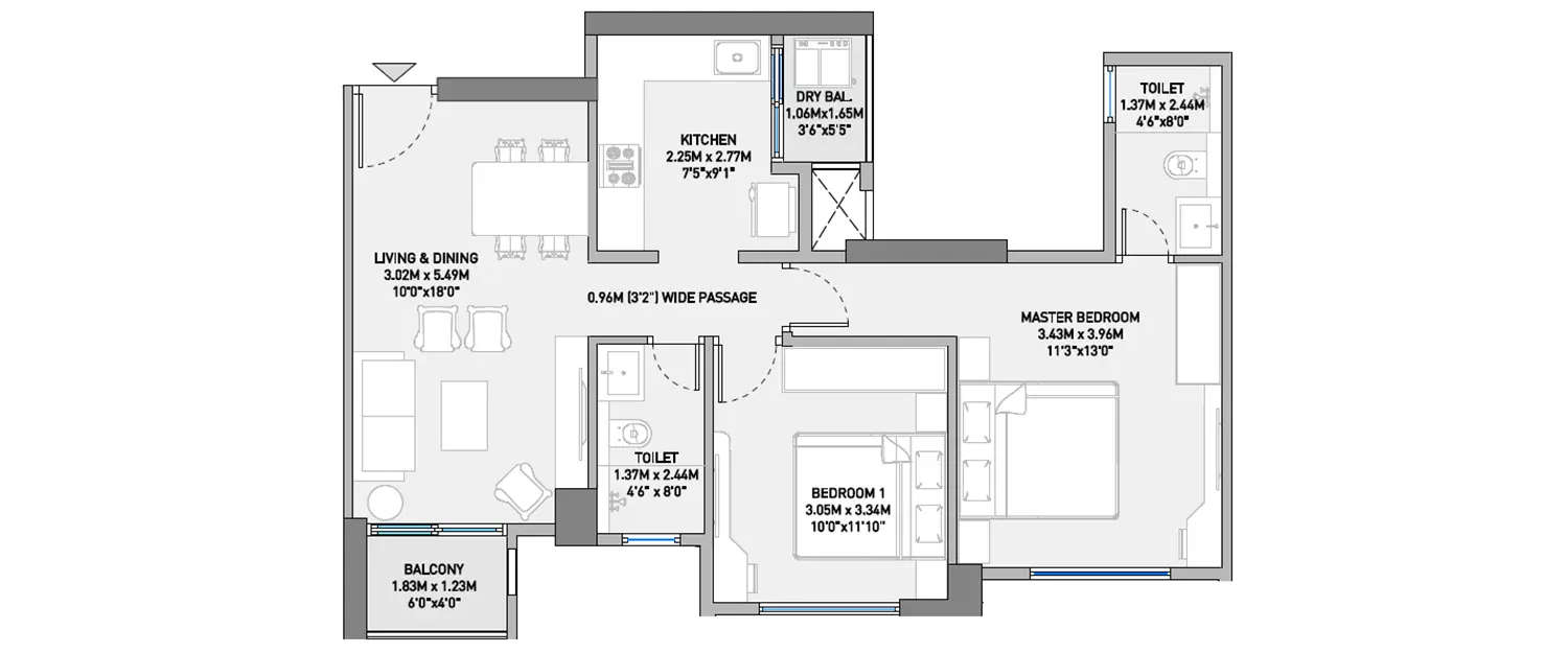 Floor plan for 2 BHK
