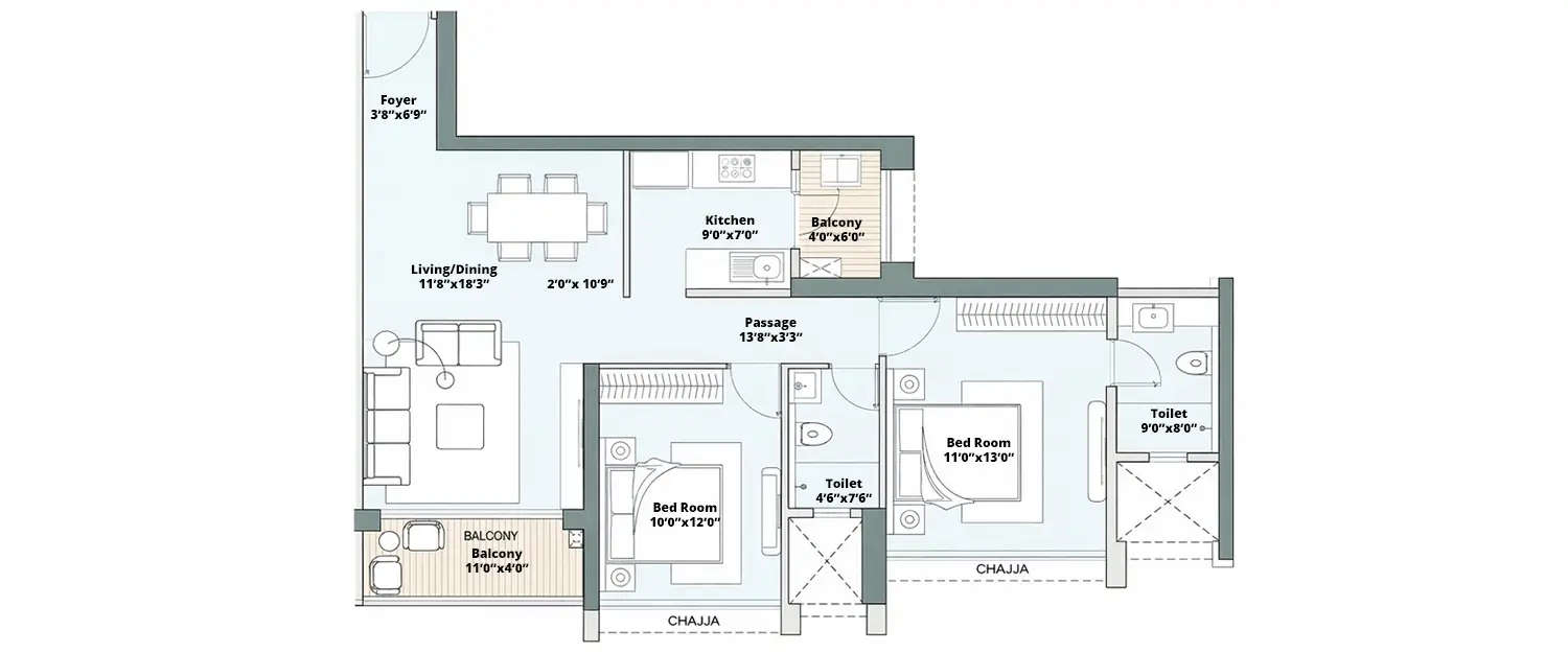 Floor plan for 2 BHK
