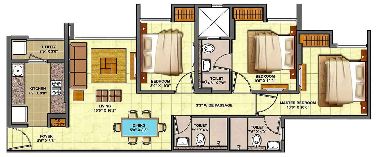 Floor plan for 3 BHK