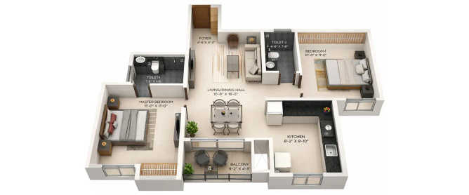 Provident Botanico Whitefield - Floor plan 2 BHK 986 Sq.ft