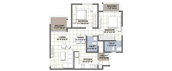 Ajmera Lakeside Yelahanka - Floor plan 2 BHK 1008 Sq.ft