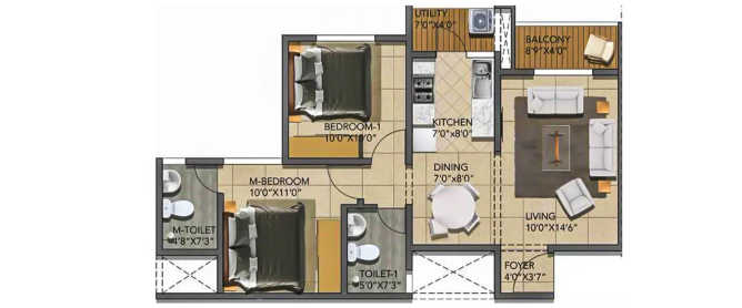 Shriram The Poem Jallahalli - Floor plan 2 BHK 950 Sq.ft