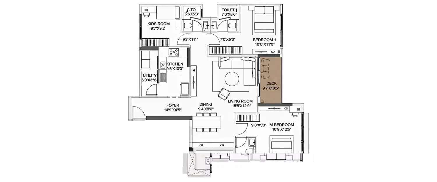 Floor plan for 3 BHK