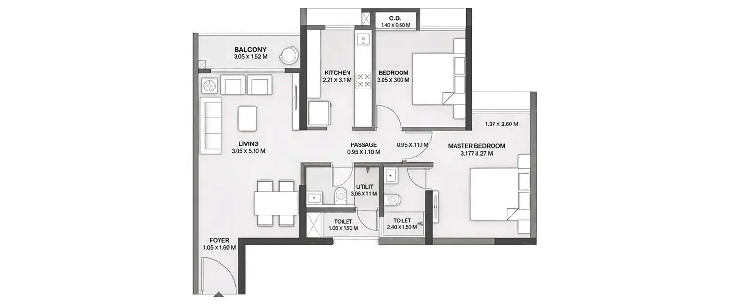 Floor plan for 2 BHK