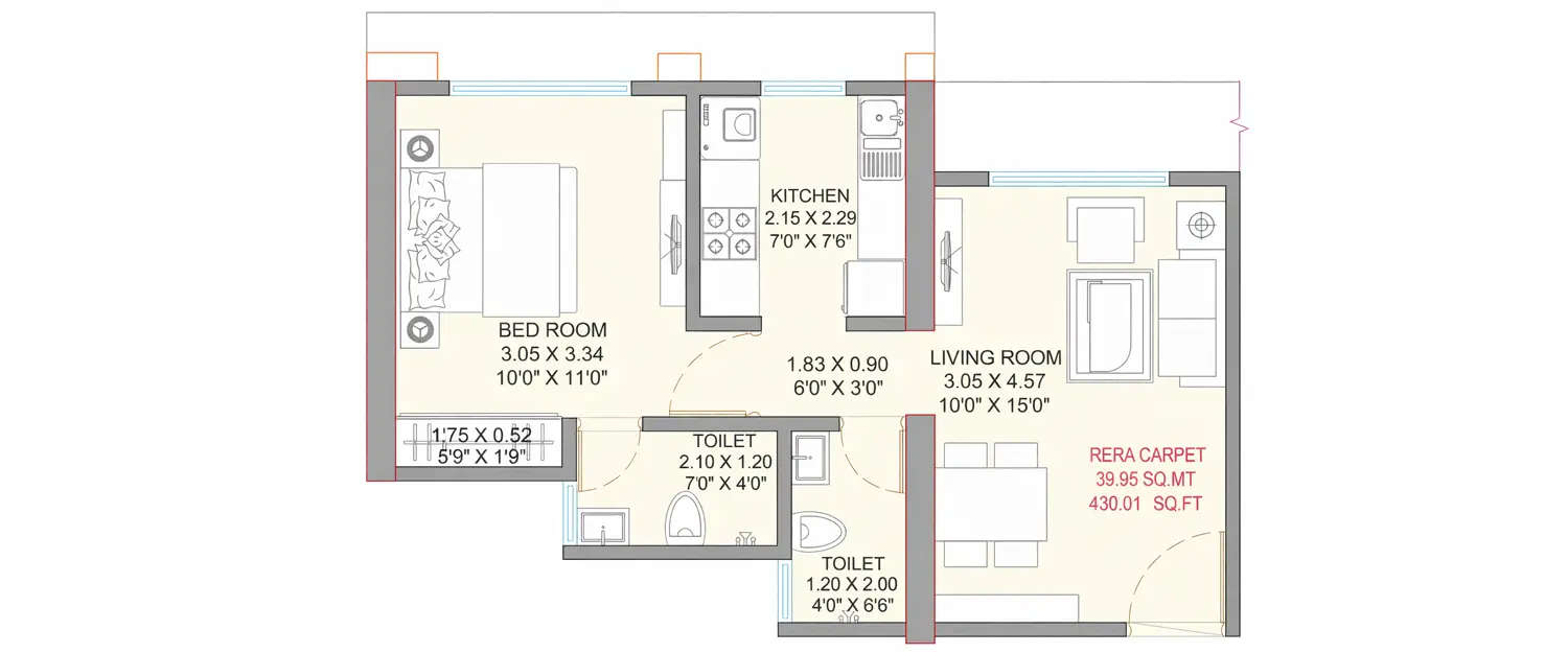 Floor plan for 1 BHK