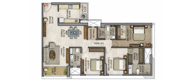 Runwal Codename Bewise Balkum - Floor plan 3 BHK 1059 Sq.ft