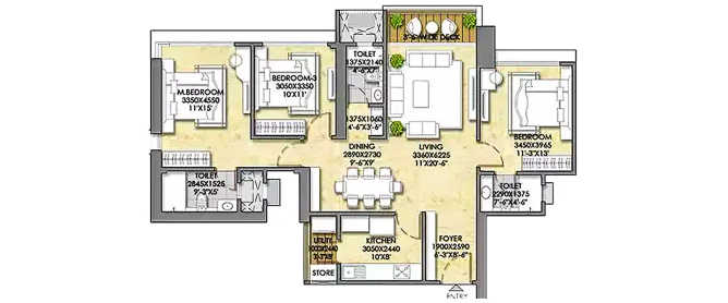 Raymond Realty Pokhran Road 1 - Floor plan 3 BHK 991 Sq.ft