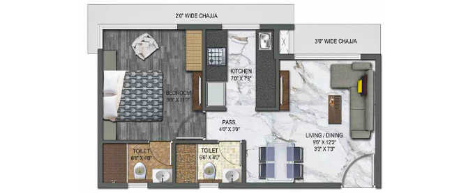 UK Iridium Kandivali - Floor plan 1 BHK 397 Sq.ft