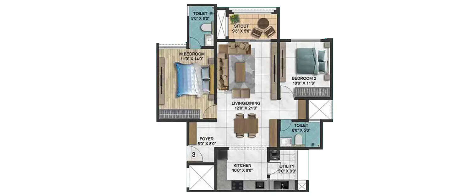 Floor plan for 2 BHK