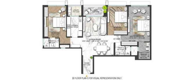 Lodha Marq Tardeo - Floor plan 3 BHK 1488 Sq.ft