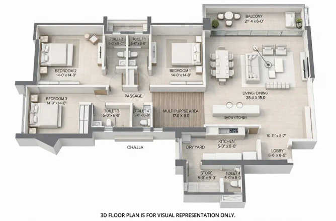 Oberoi Elysian Goregaon - Floor plan 3 BHK 1881 Sq.ft