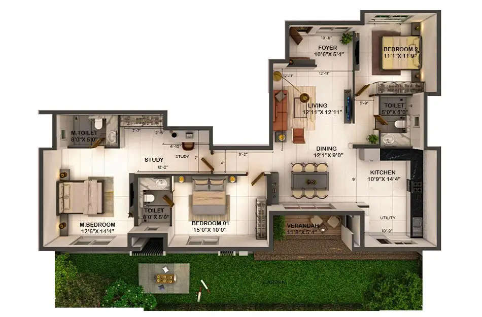 Floor plan for 3 BHK