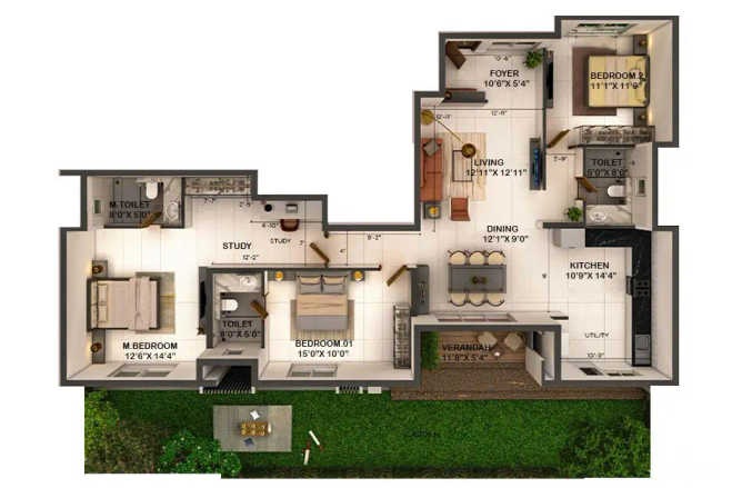 Provident Deansgate Kempalingapura - Floor plan 3 BHK 1950 Sq.ft