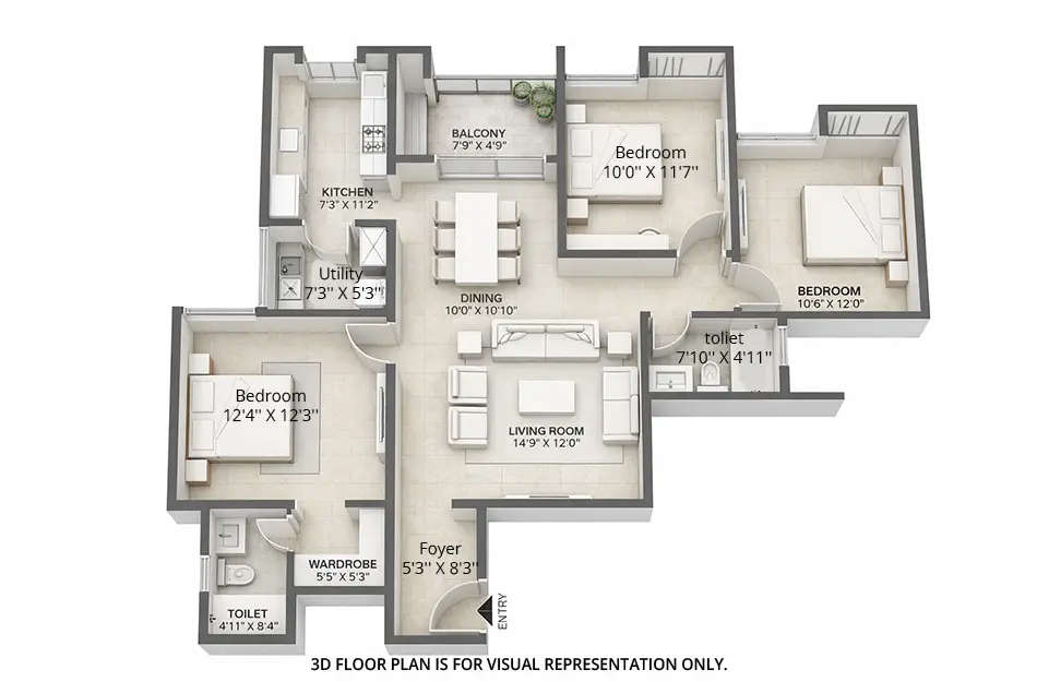 Floor plan for 3 BHK