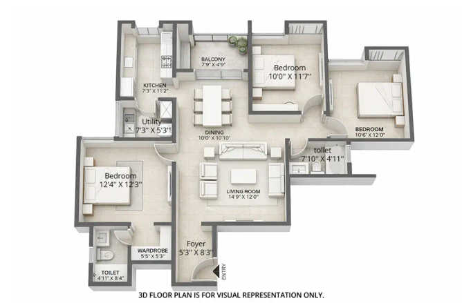 Assetz Canvas & Cove Begur - Floor plan 3 BHK 1501 Sq.ft