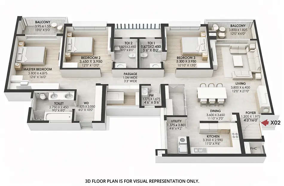Floor plan for 3 BHK