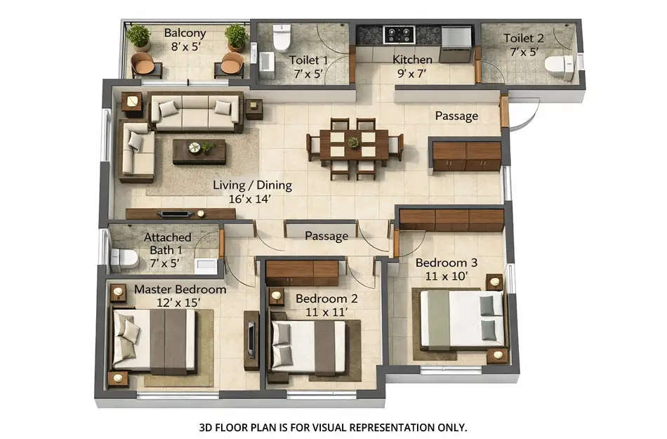 Floor plan for 3 BHK