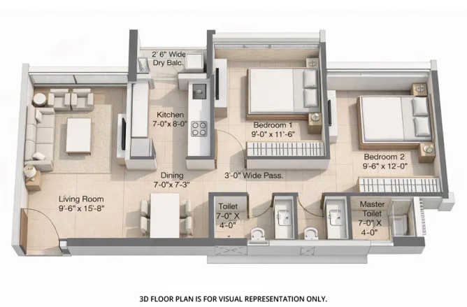 Sunteck Beach Residences Vasai - Floor plan 2 BHK 634 Sq.ft