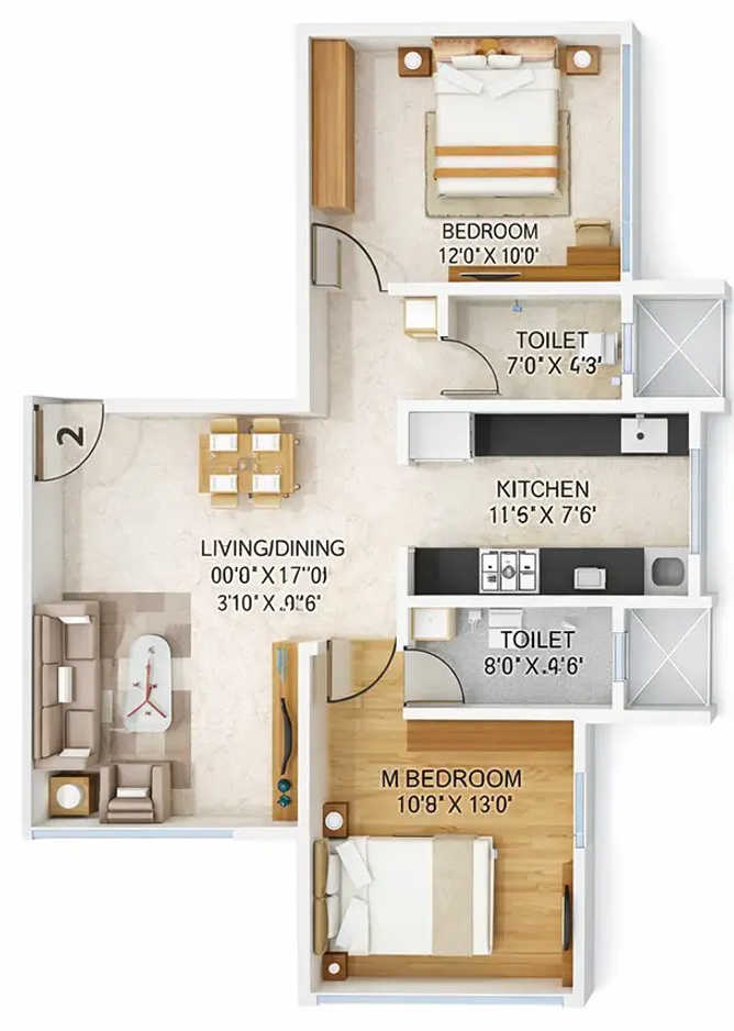 MICL Aaradhya One Park Ghatkopar - Floor plan 2 BHK 688 Sq.ft