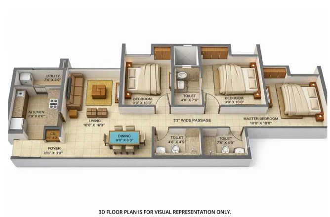 Lodha Palava Casa Aurora Dombivali - Floor plan 3 BHK 846 Sq.ft