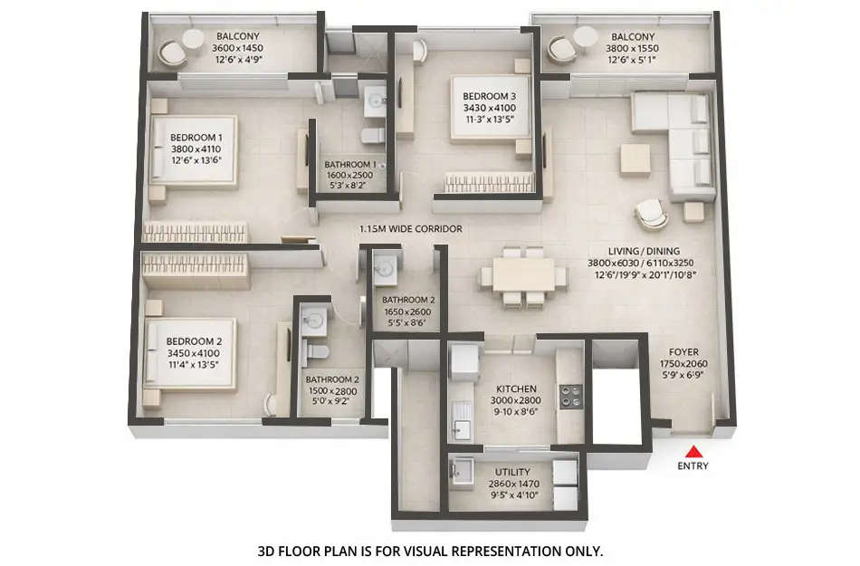 Floor plan for 3 BHK