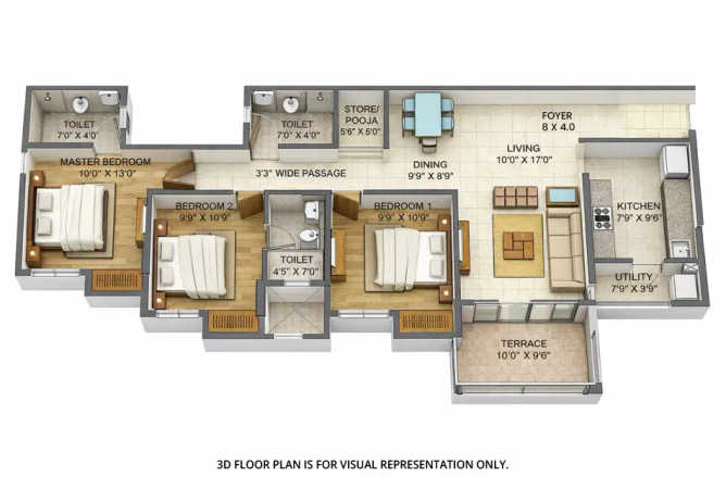 Lodha Palava Downtown Dombivali - Floor plan 3 BHK 939 Sq.ft