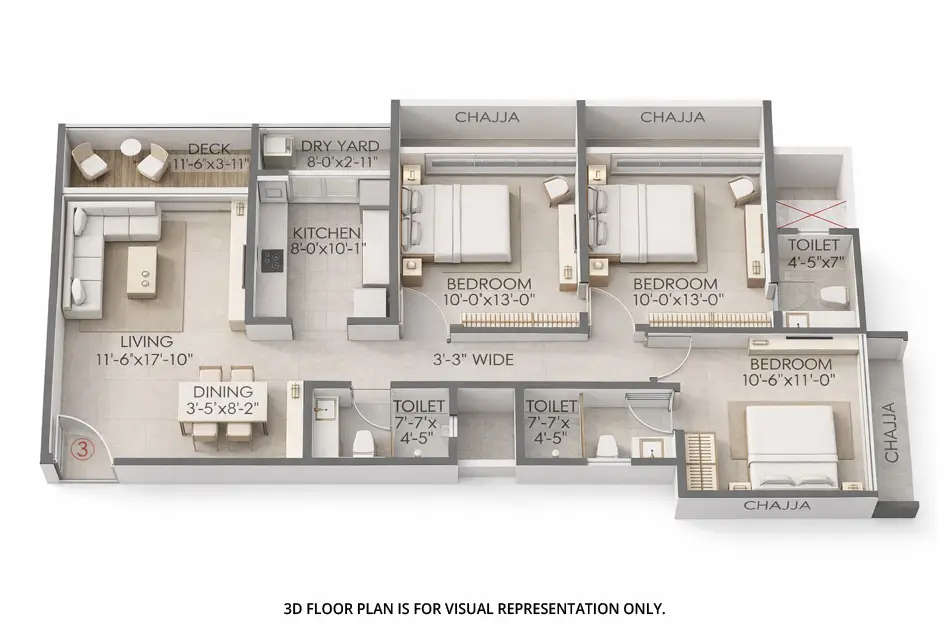 Floor plan for 3 BHK