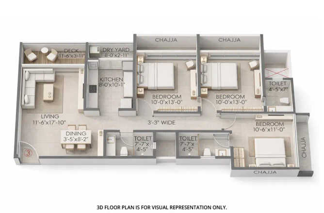 Veena One Luxe Andheri - Floor plan 3 BHK 999 Sq.ft