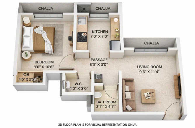Vihang The Promise Ghodbunder Road - Floor plan 1 BHK 343 Sq.ft