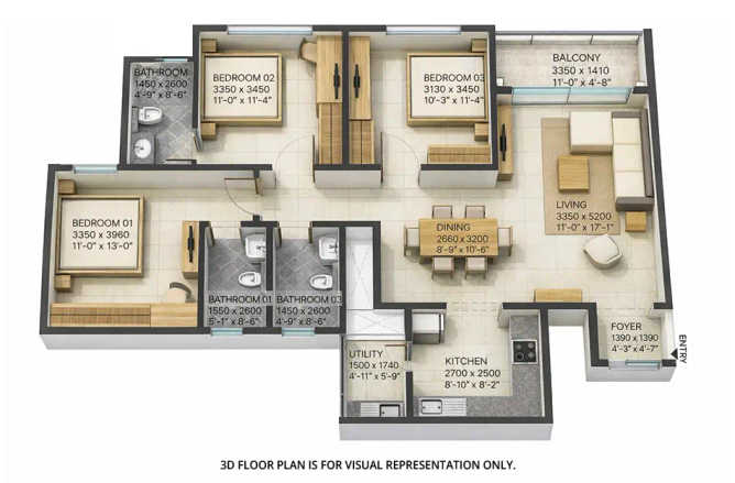 Sobha Manhattan Towers Yadavanahalli - Floor plan 3 BHK 1001 Sq.ft