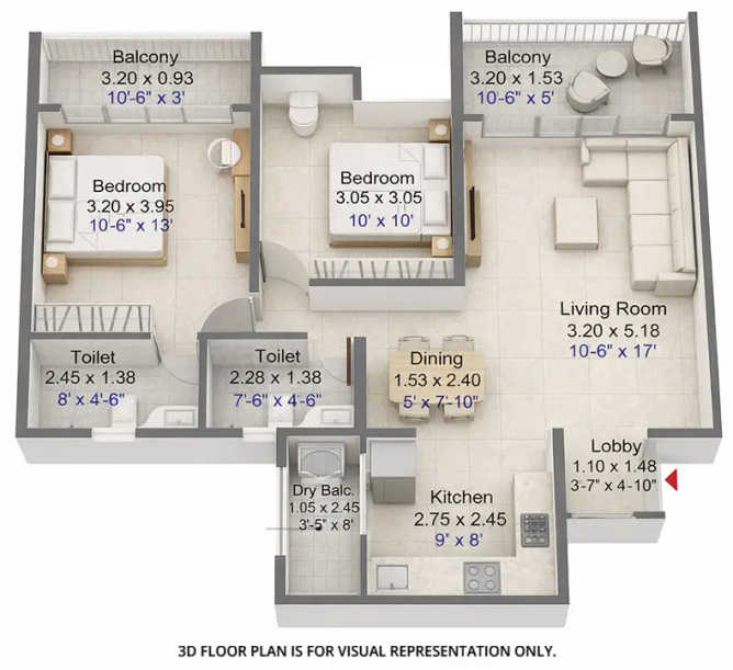 Kohinoor Downtown Wakad - Floor plan 2 BHK 800 Sq.ft