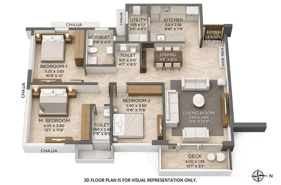 Floor plan for 3 BHK