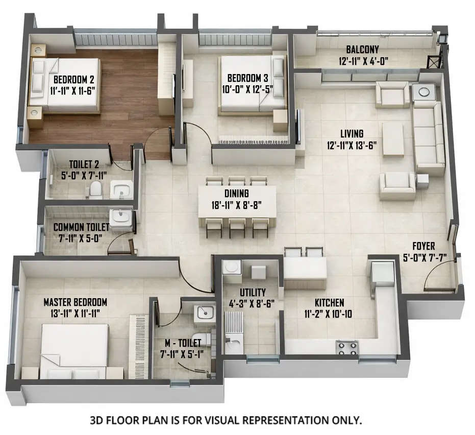 Floor plan for 3 BHK